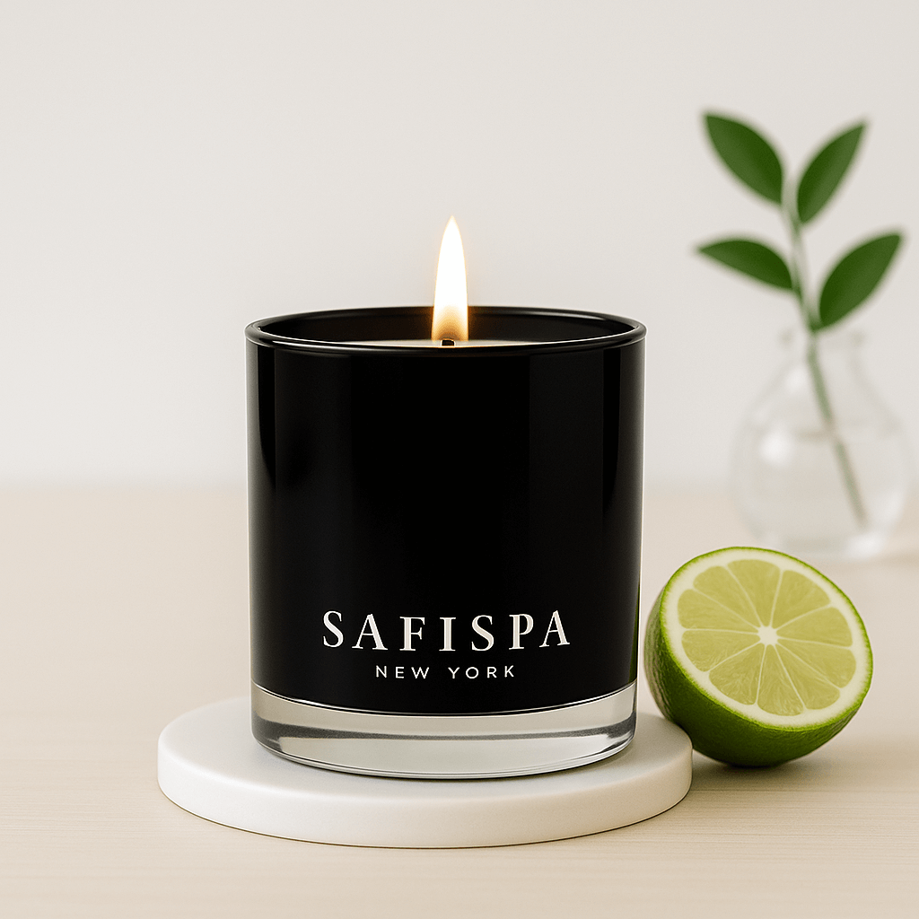 Black candle with 'Safispa New York' branding on a white surface with a lime and plant in the background.