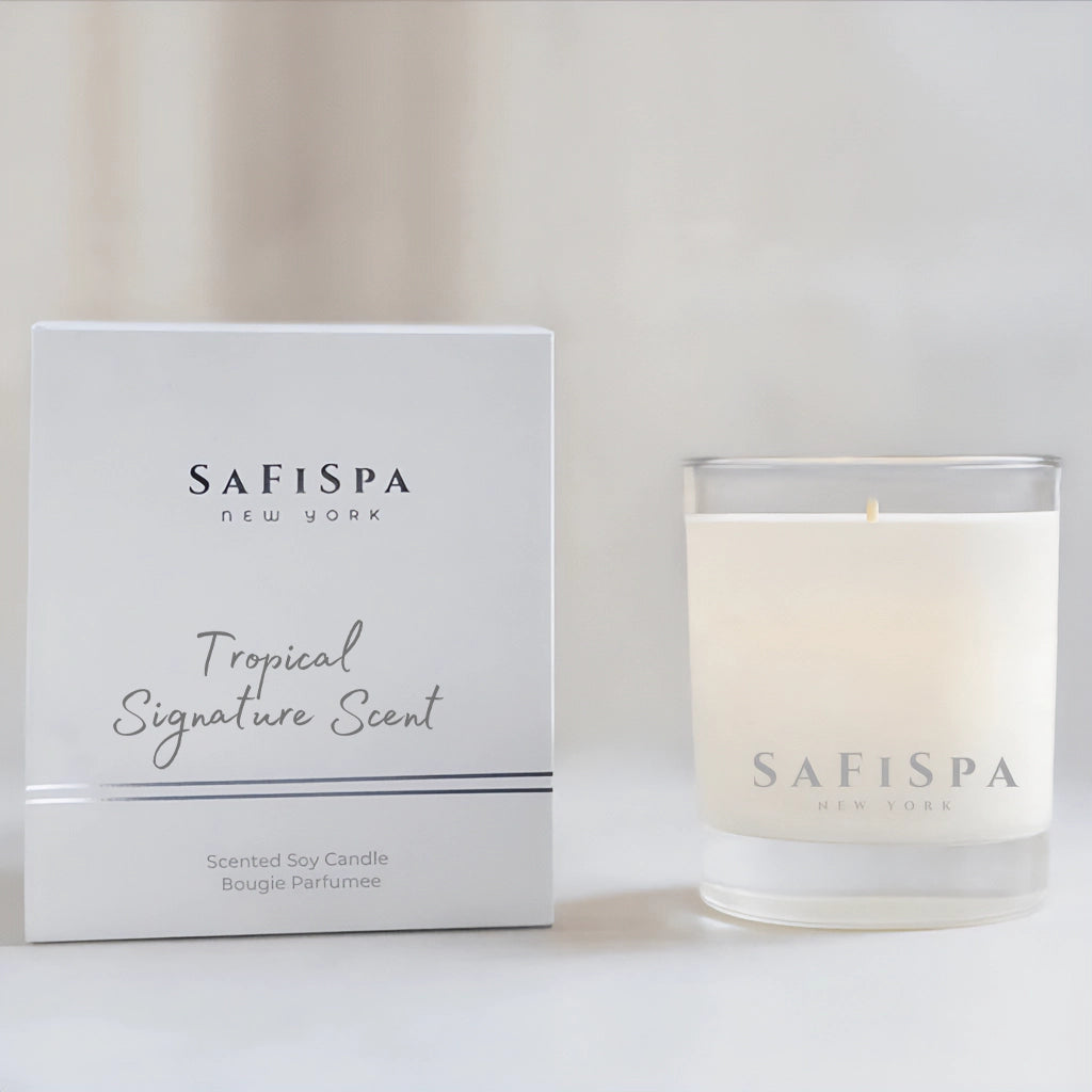 Safispa candle and packaging on a light background