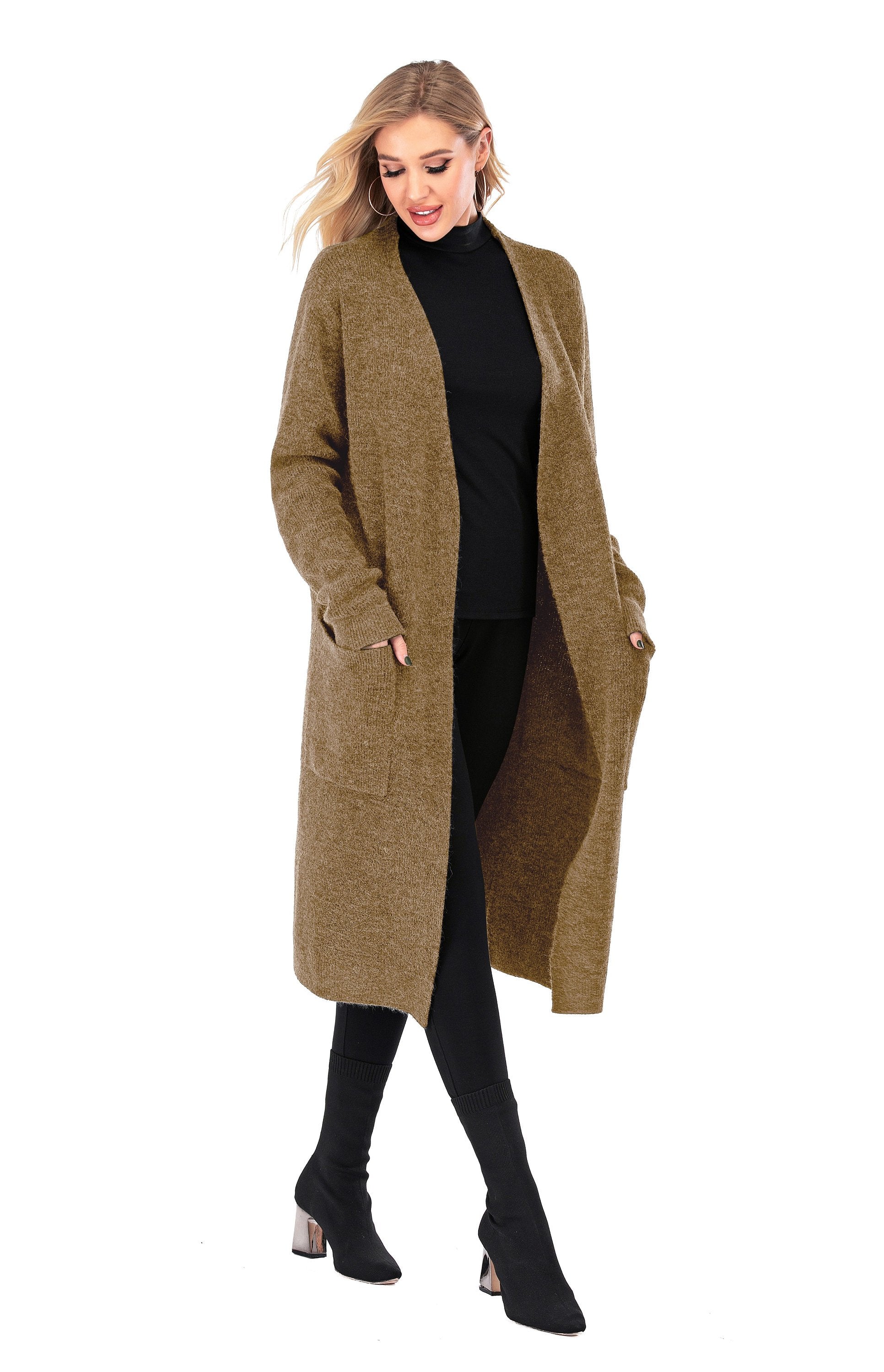 Women's Wool Open Front Long Sleeve Cardigan Sweater with Pockets