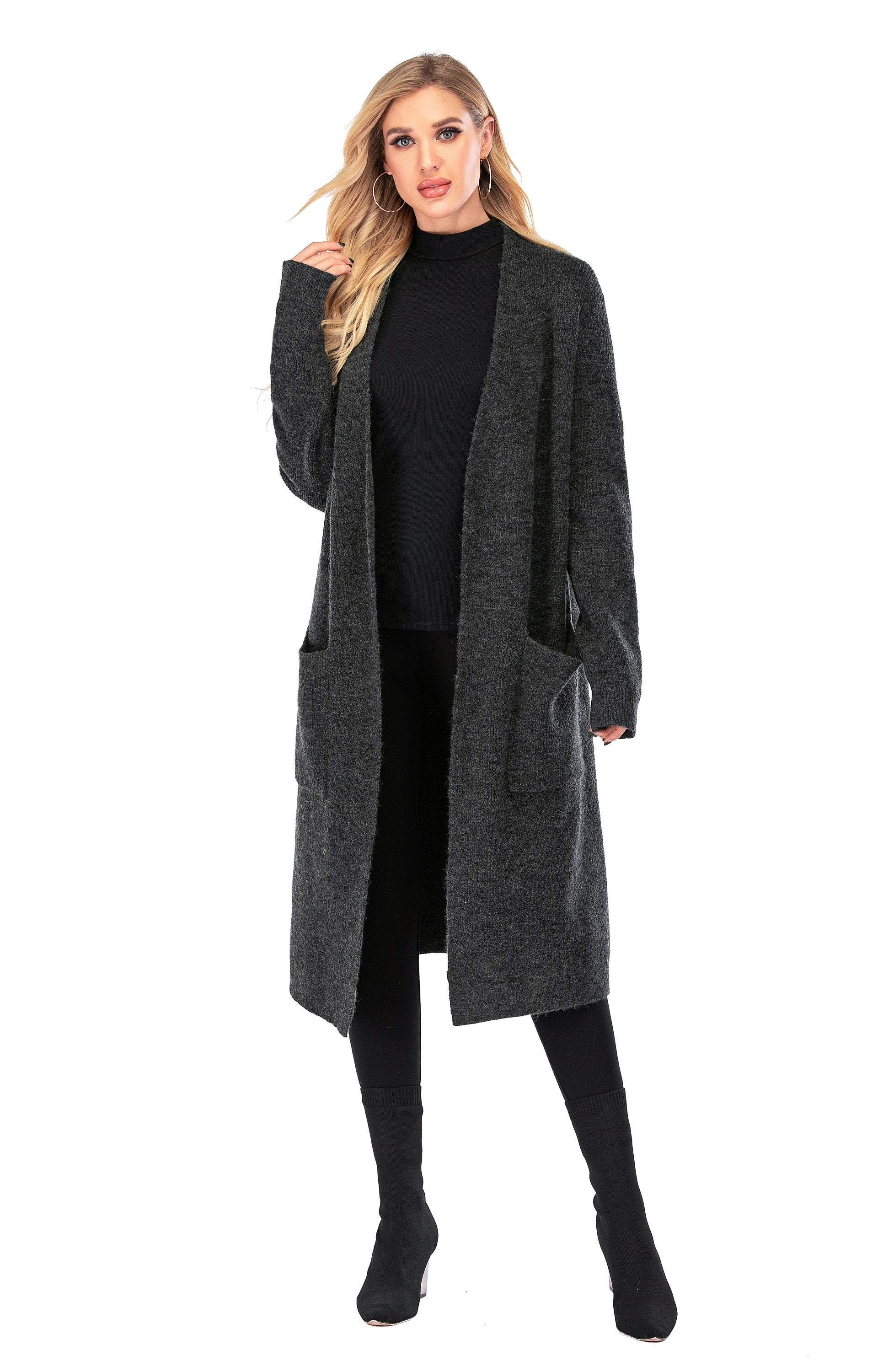 Women's Wool Open Front Long Sleeve Cardigan Sweater with Pockets