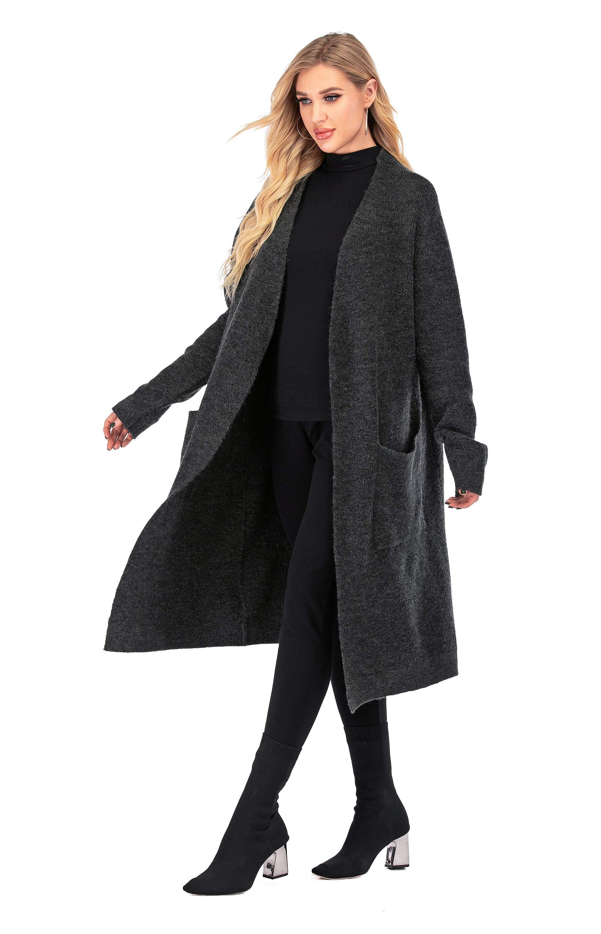 Women's Wool Open Front Long Sleeve Cardigan Sweater with Pockets