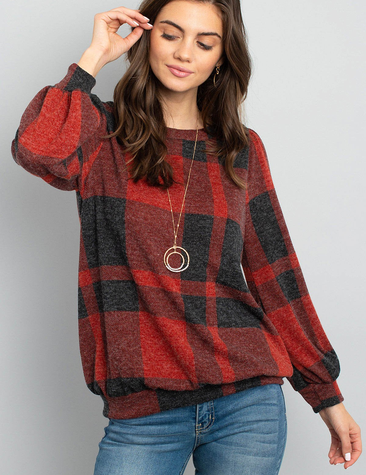 Plaid Round Neck Long Sleeve Top