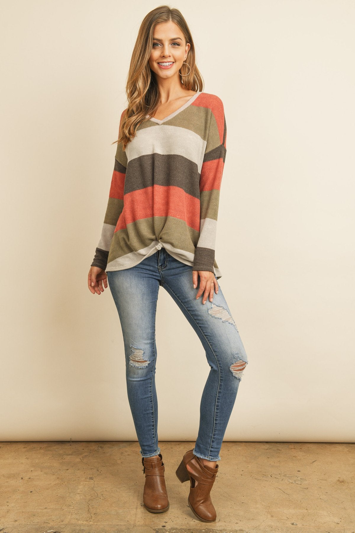 Multicolor Stripe V-Neck Front Knot Top