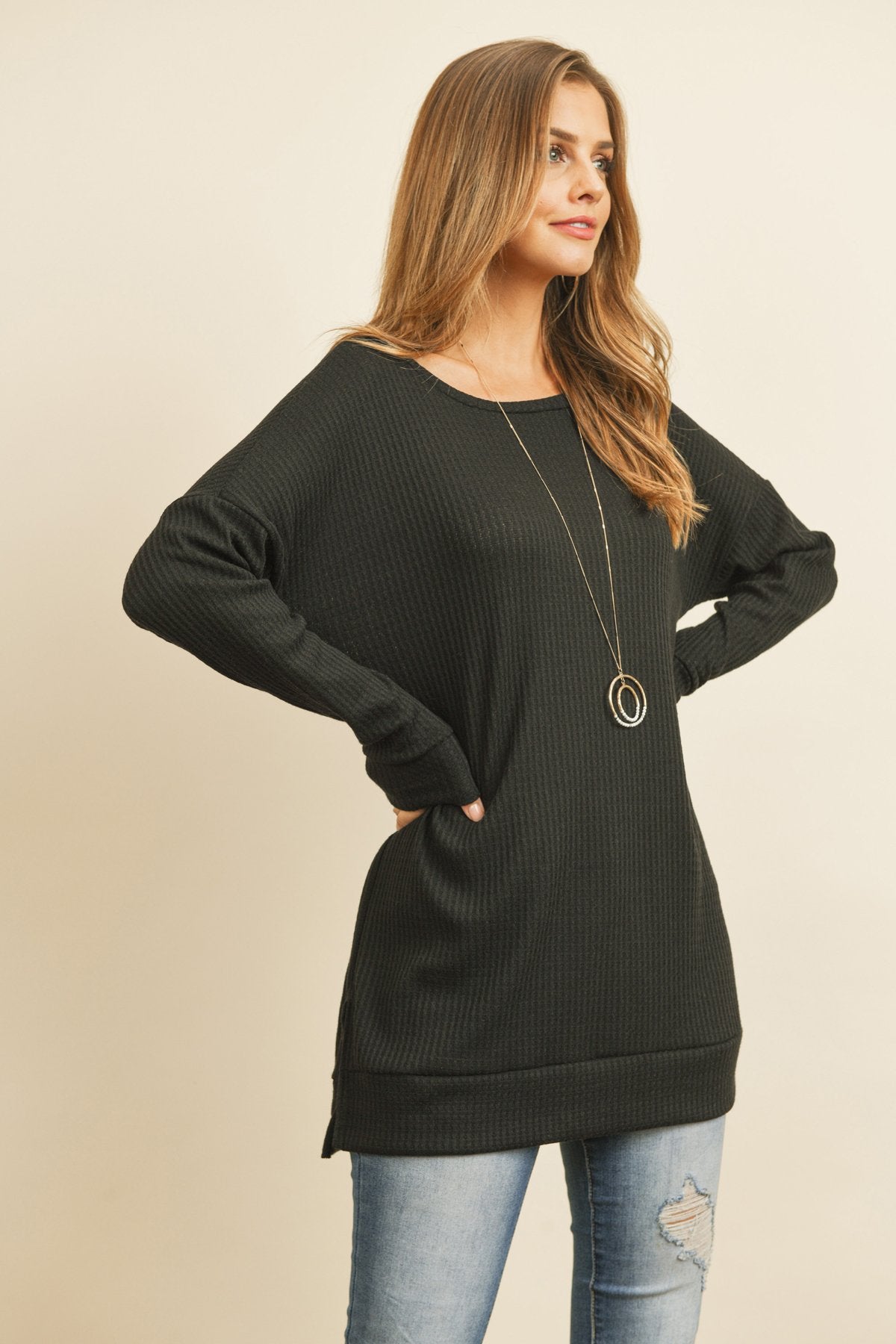 Solid Waffle Round Neck Tunic Top