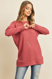 Solid Waffle Round Neck Tunic Top