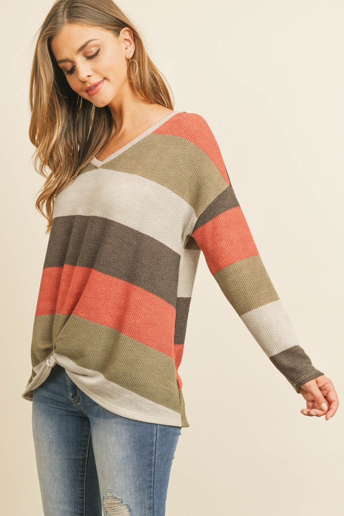 Multicolor Stripe V-Neck Front Knot Top