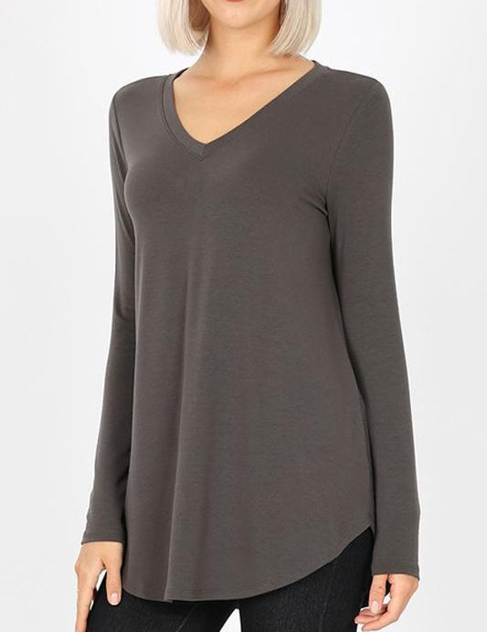 Premium Long Sleeve V-Neck Round Hem Top