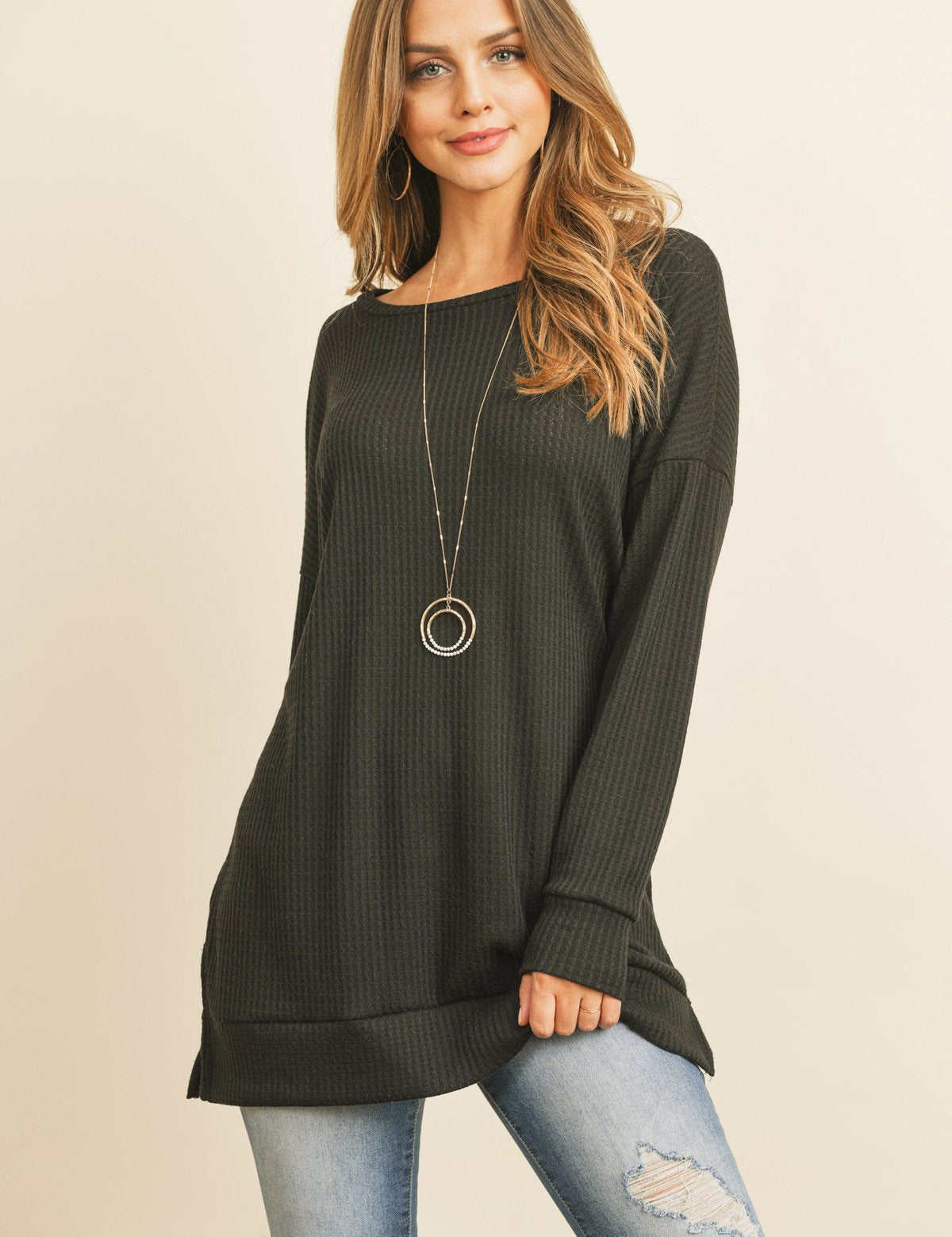 Solid Waffle Round Neck Tunic Top