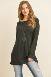 Solid Waffle Round Neck Tunic Top