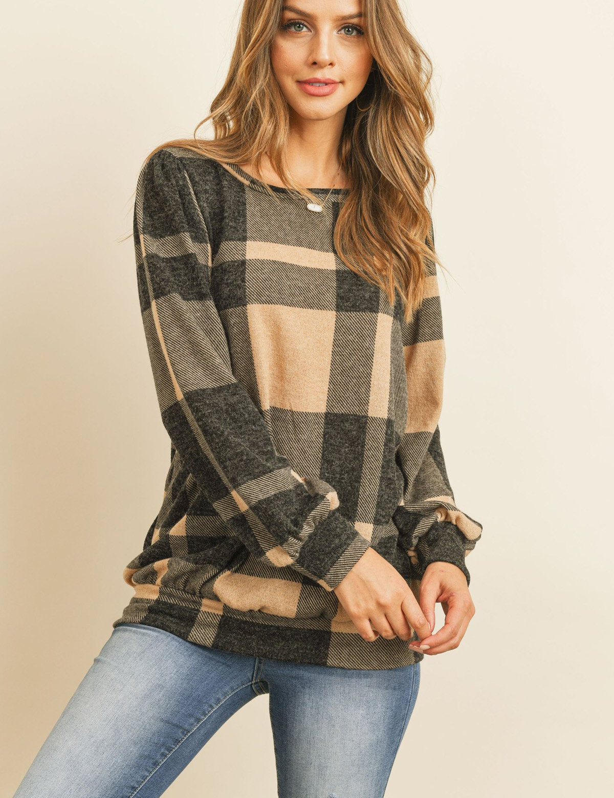 Plaid Round Neck Long Sleeve Top