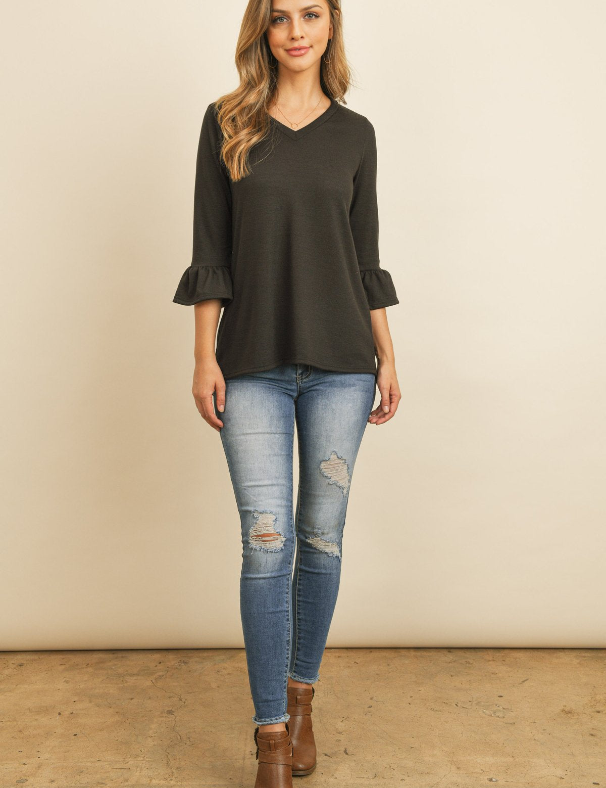 Solid Bell Sleeve V-Neck Top