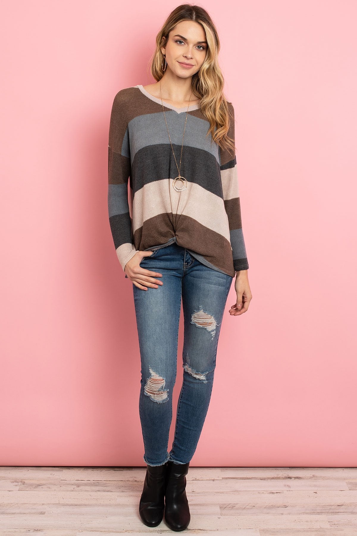 Multicolor Stripe V-Neck Front Knot Top