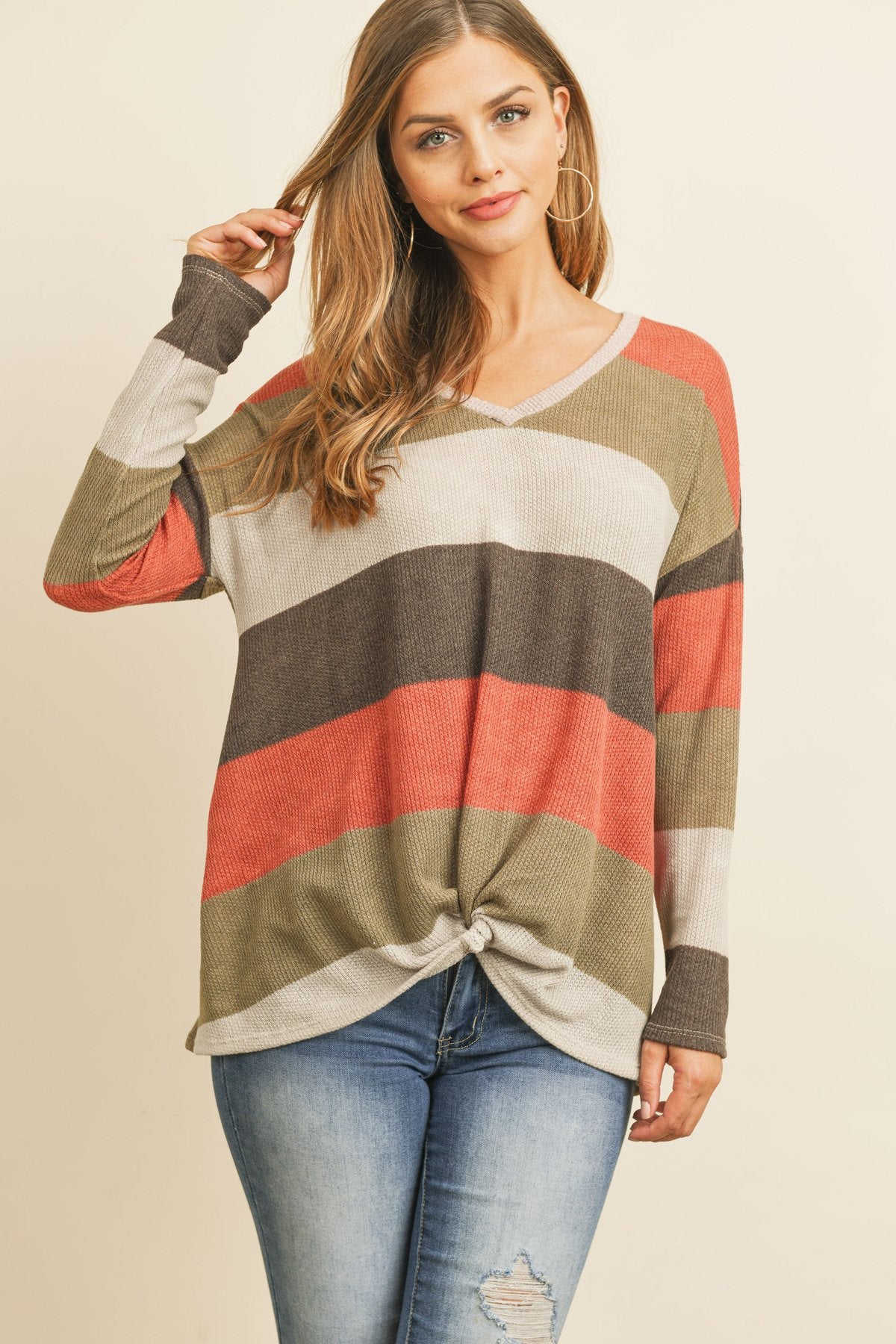 Multicolor Stripe V-Neck Front Knot Top