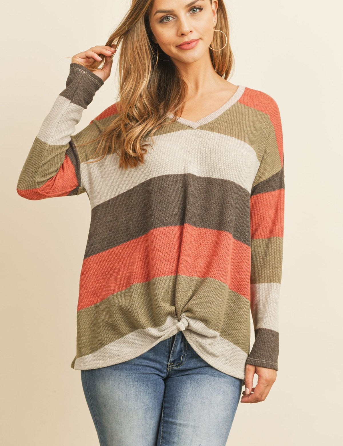 Multicolor Stripe V-Neck Front Knot Top