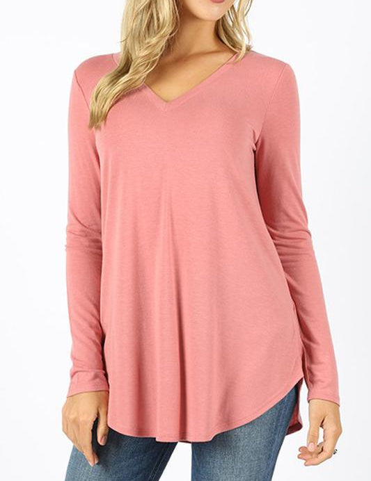 Premium Long Sleeve V-Neck Round Hem Top