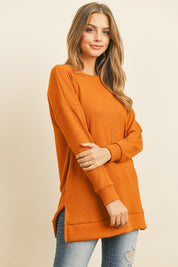 Solid Waffle Round Neck Tunic Top