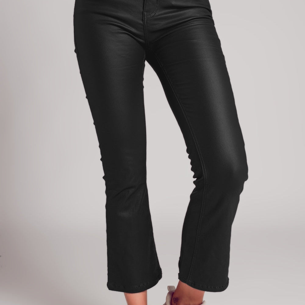 Stretch Faux Leather Flare Pants in Black Media 1 of 5