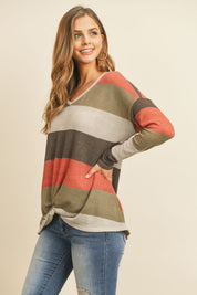 Multicolor Stripe V-Neck Front Knot Top