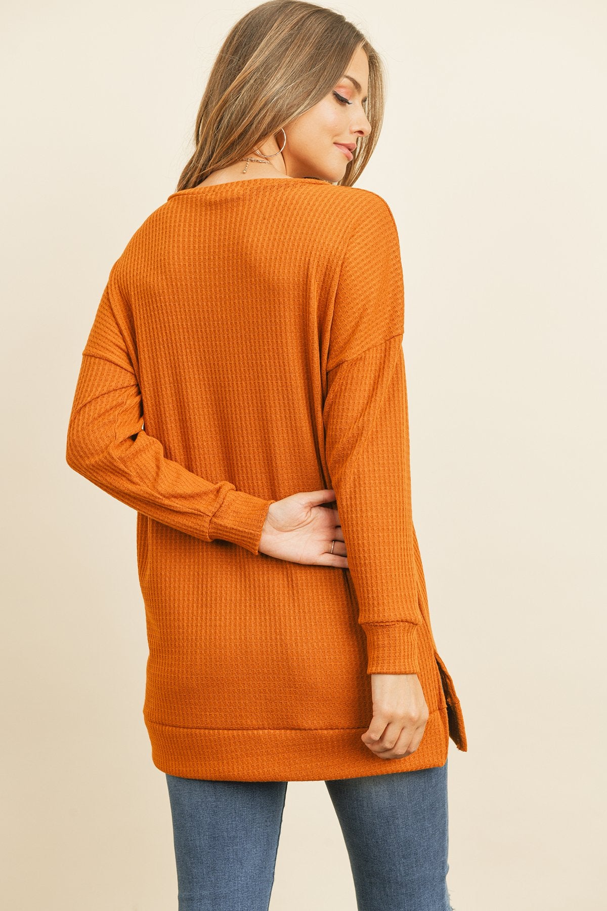 Solid Waffle Round Neck Tunic Top