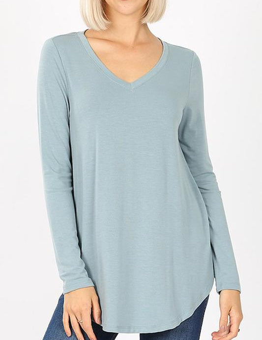 Premium Long Sleeve V-Neck Round Hem Top