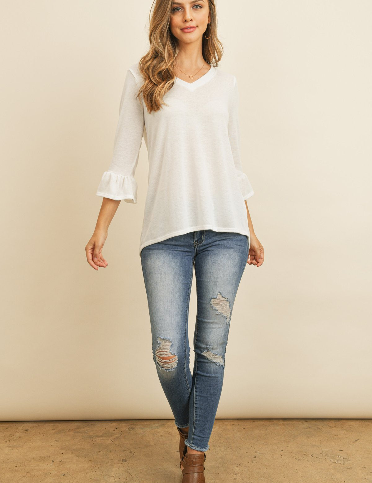 Solid Bell Sleeve V-Neck Top