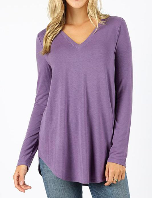 Premium Long Sleeve V-Neck Round Hem Top