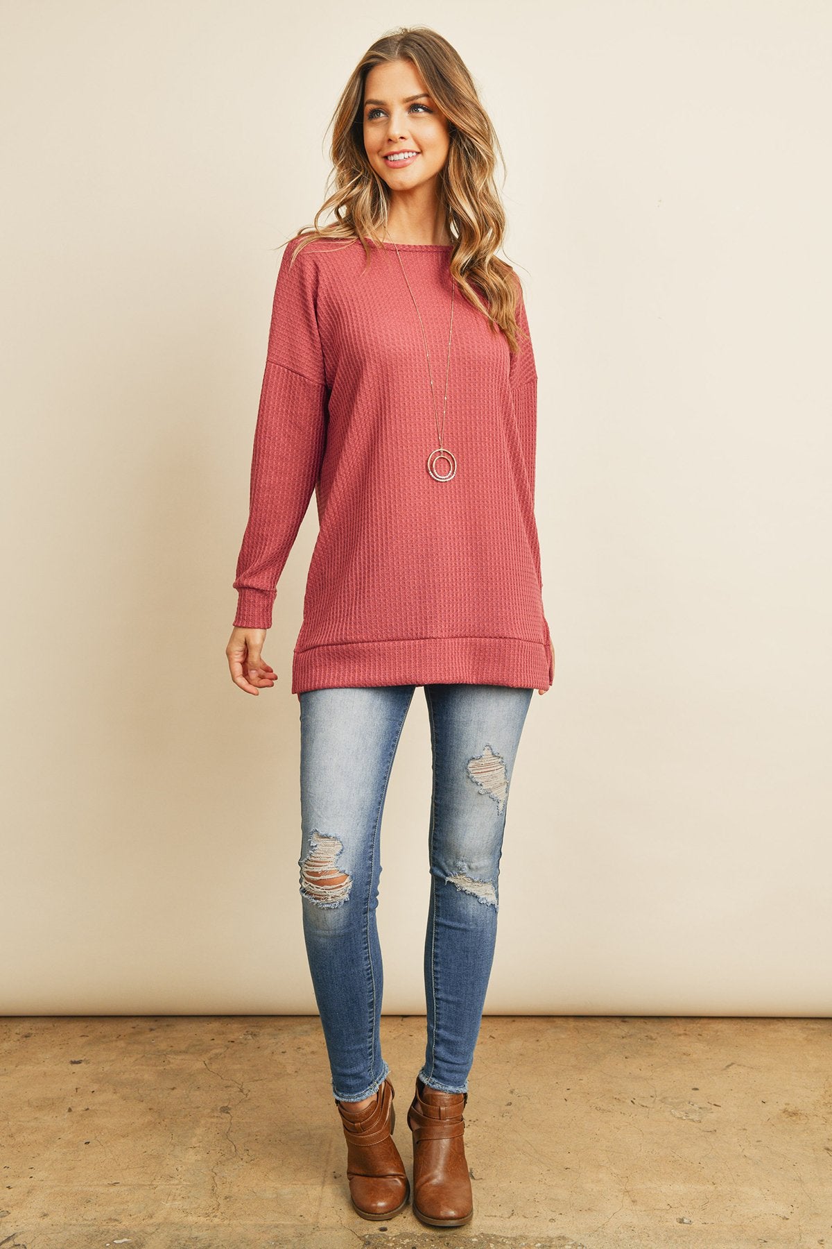 Solid Waffle Round Neck Tunic Top