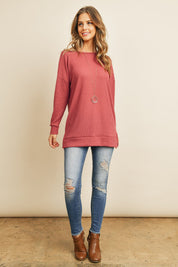 Solid Waffle Round Neck Tunic Top