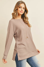 Solid Waffle Round Neck Tunic Top