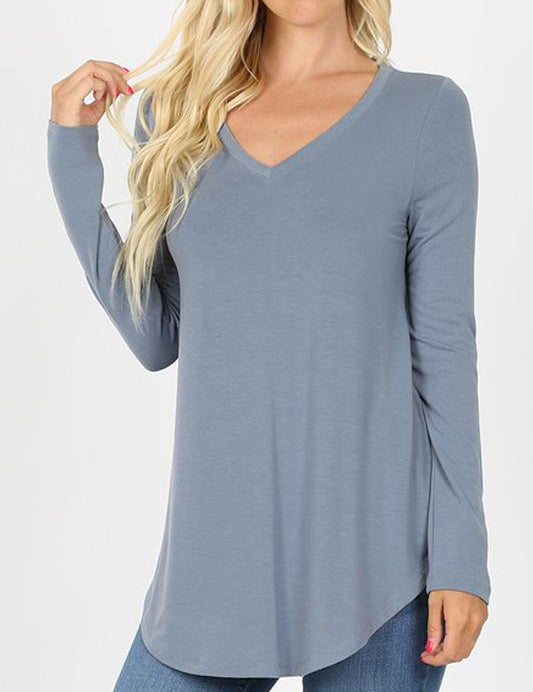 Premium Long Sleeve V-Neck Round Hem Top