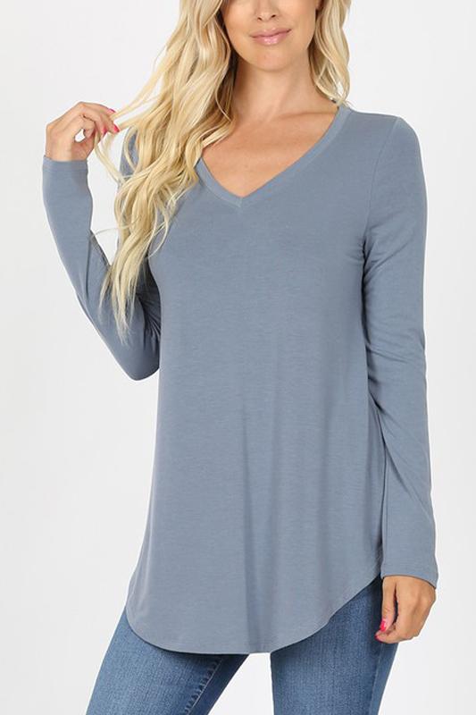 Premium Long Sleeve V-Neck Round Hem Top