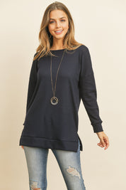 Solid Waffle Round Neck Tunic Top