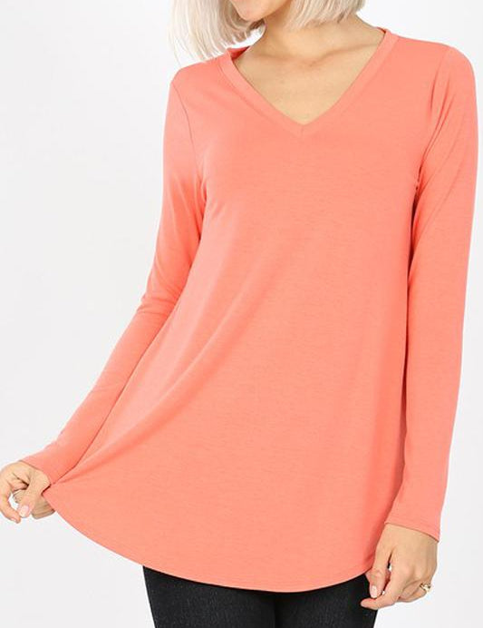 Premium Long Sleeve V-Neck Round Hem Top