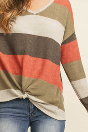 Multicolor Stripe V-Neck Front Knot Top