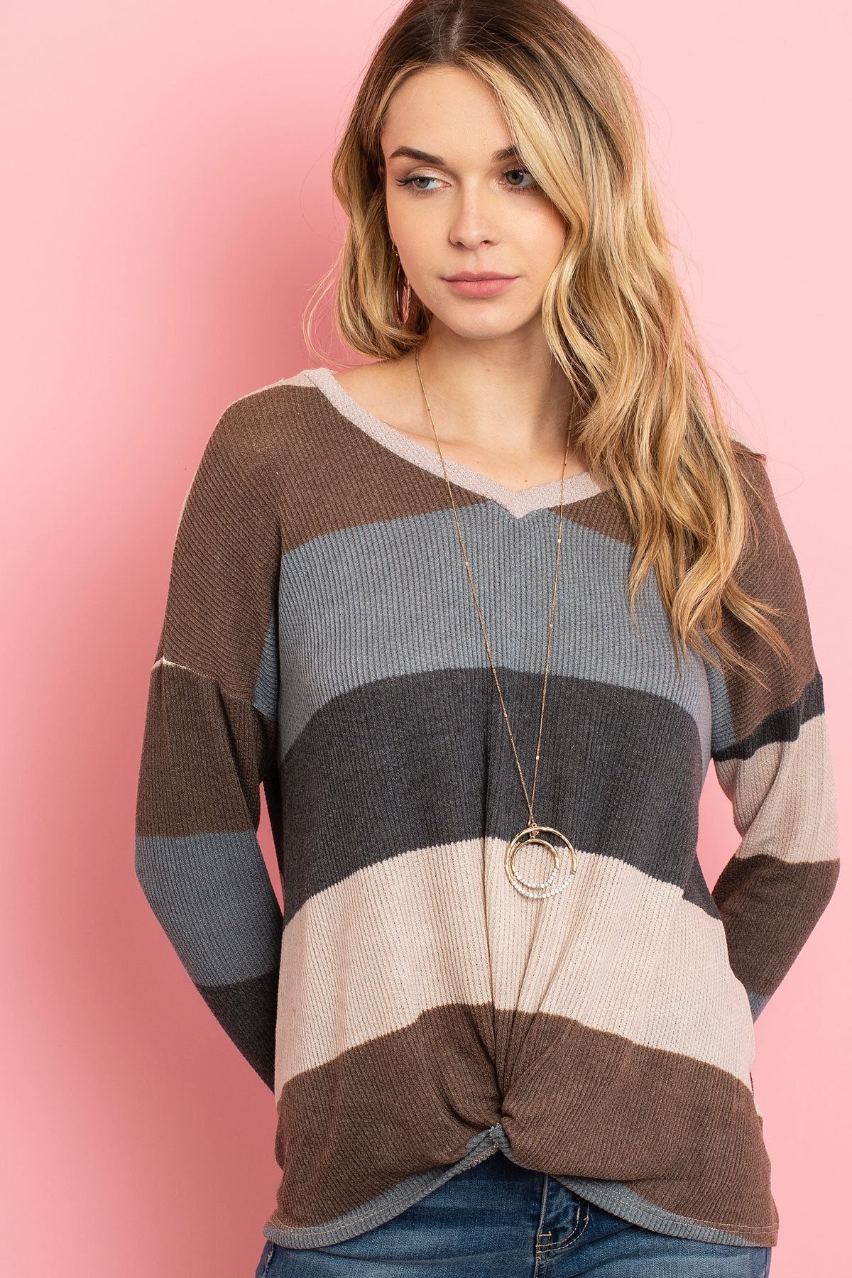 Multicolor Stripe V-Neck Front Knot Top