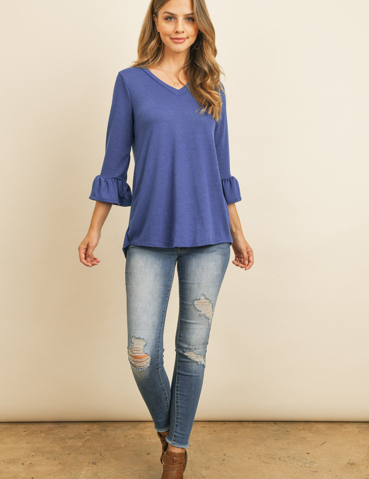 Solid Bell Sleeve V-Neck Top