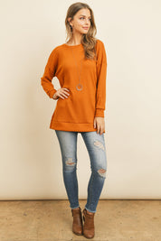 Solid Waffle Round Neck Tunic Top