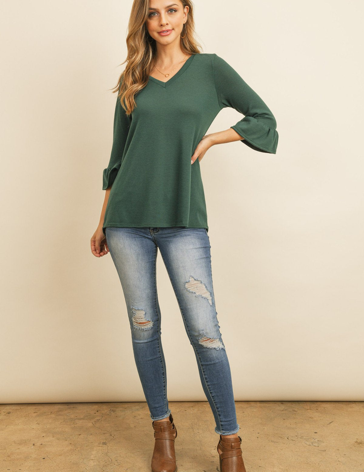 Solid Bell Sleeve V-Neck Top