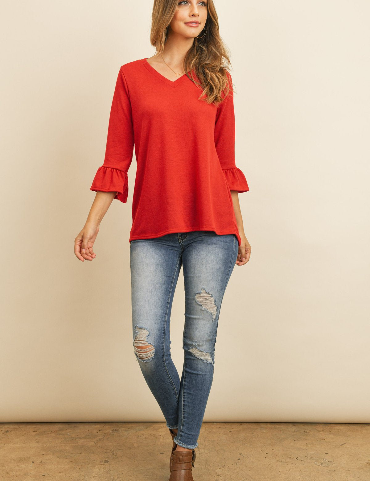 Solid Bell Sleeve V-Neck Top