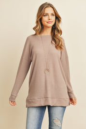 Solid Waffle Round Neck Tunic Top